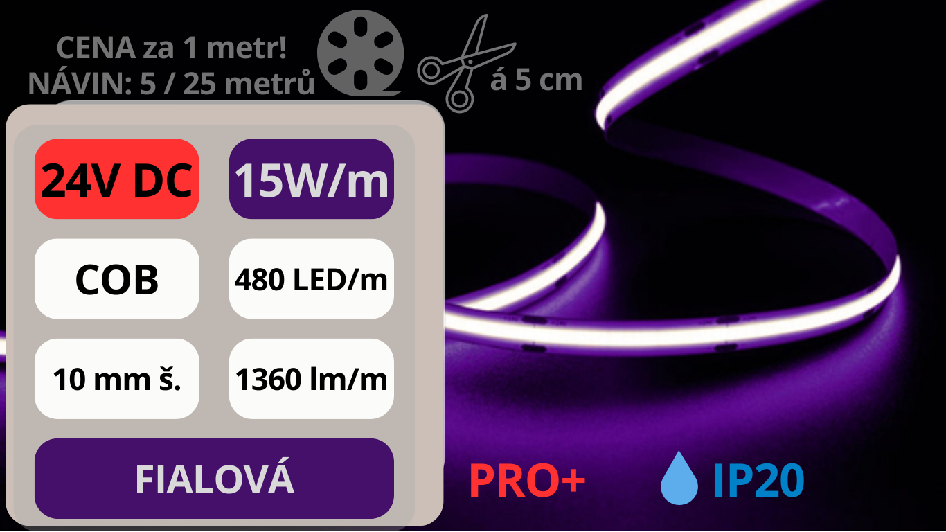 LED pásek COB 24V / 480LED / 15W / FIALOVÁ / IP20 / 10mm / PRO+